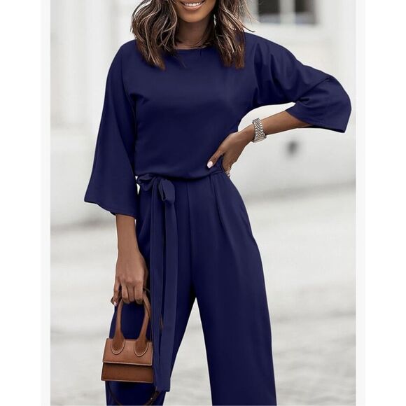 NEW Blue Wide Leg Casual Long Belted Jumpsuit Career M - Picture 1 of 4